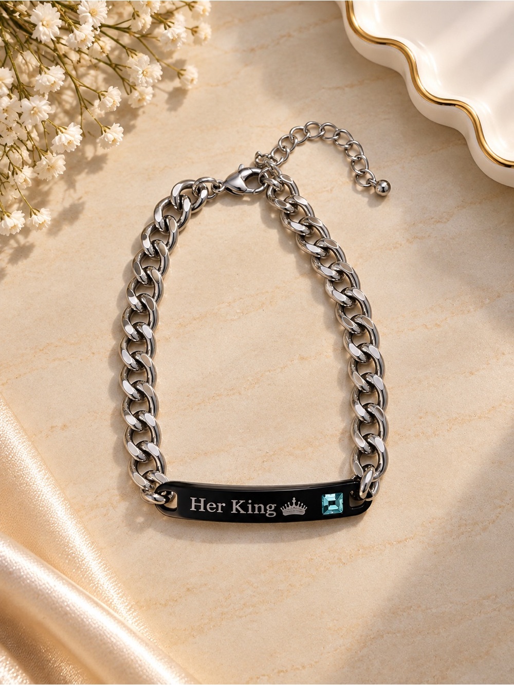 Her King Silver-Tone Stainless Steel Bracelet with Black Plate
